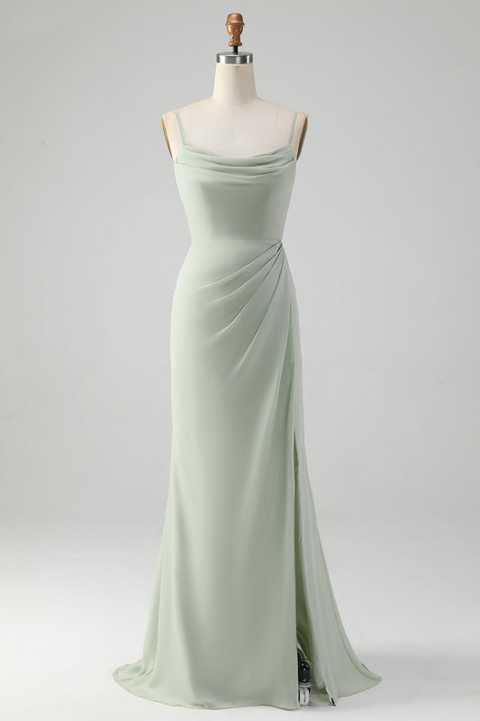 Matcha A-Line Spaghetti Strap Satin Long Bridesmaid Dress with Lace-Up Back