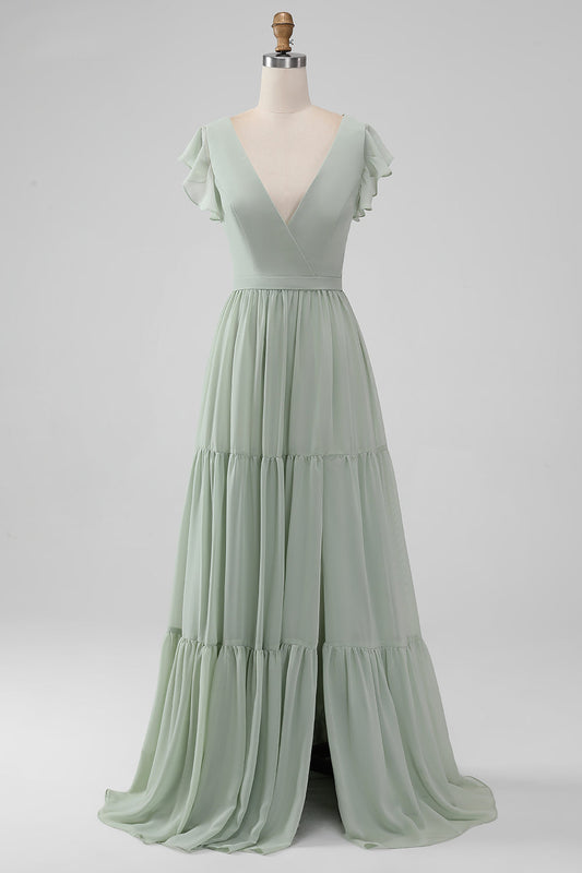 Matcha V-Neck A-Line Chiffon Long Bridesmaid Dress with Slit