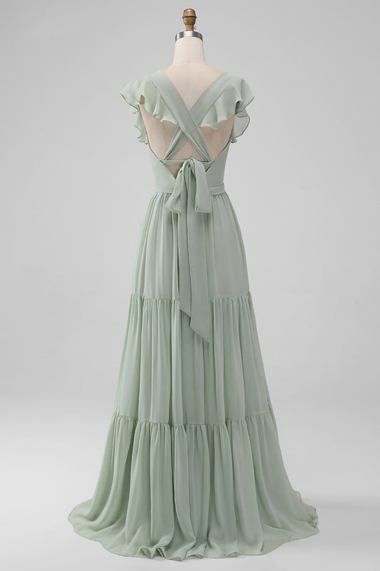 Matcha V-Neck A-Line Chiffon Long Bridesmaid Dress with Slit