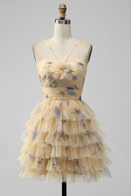Robe de bal courte en tulle, jaune, coupe trapèze, dos nu, à volants