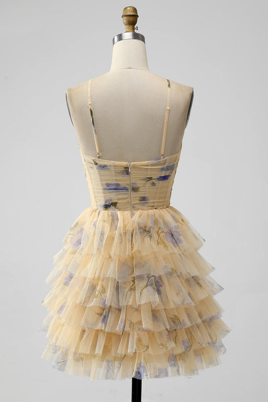 Robe de bal courte en tulle, jaune, coupe trapèze, dos nu, à volants