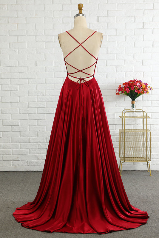 Robe de soirée longue bordeaux simple coupe trapèze à fines bretelles avec dos croisé