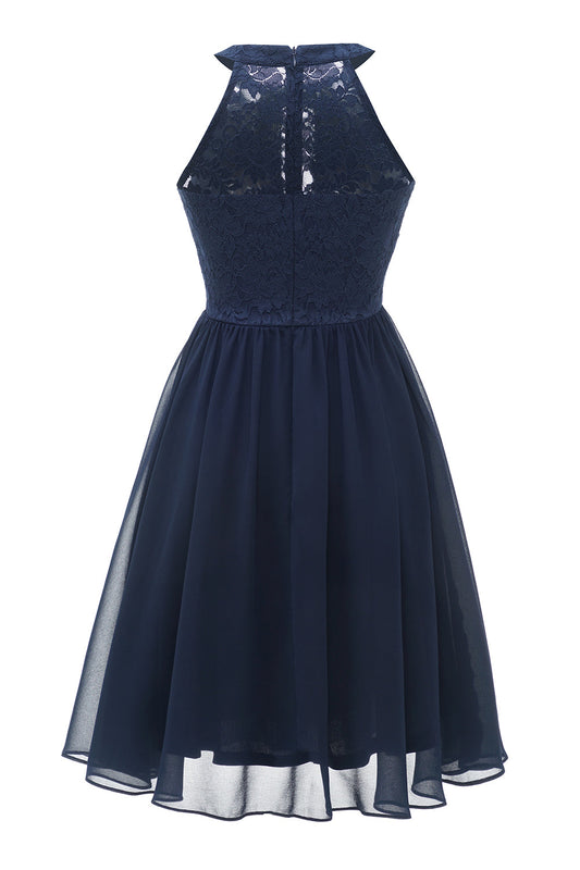 Robe de Soirée Évasée en Dentelle Bleu Marine à Encolure Halter