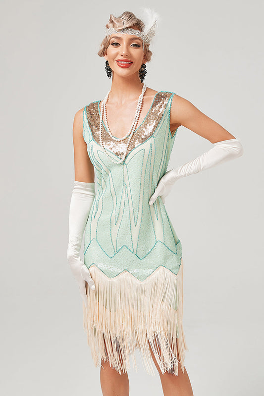 Robe Gatsby courte à paillettes vertes années 20