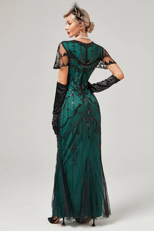 Robe longue de soirée vert foncé à sequins années 20