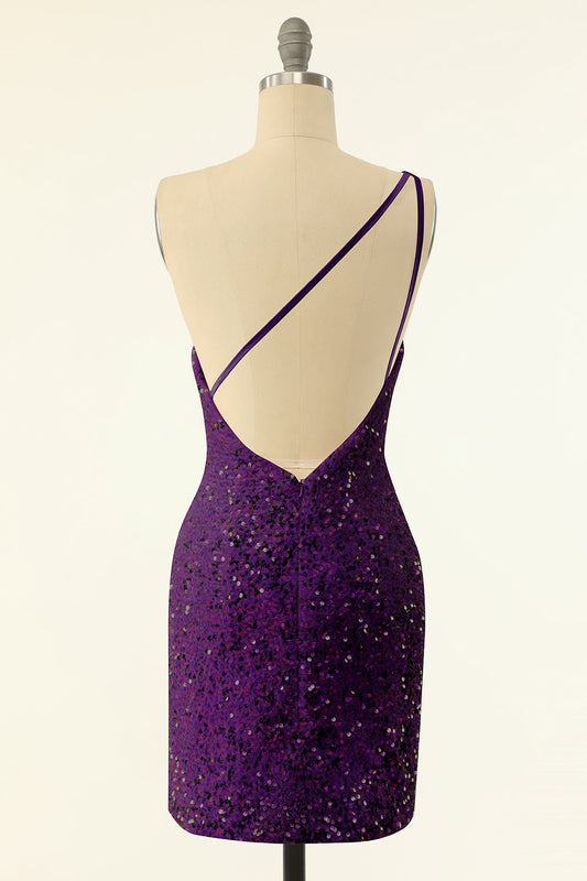Robe de graduation asymétrique à sequins violette