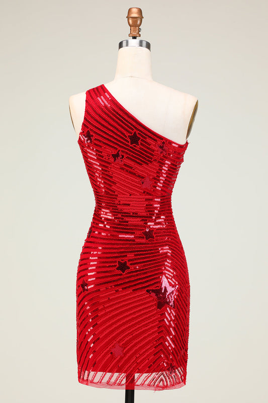 Robe De Bal Courte Rouge À Paillettes Étoiles Un Épaule Gaine