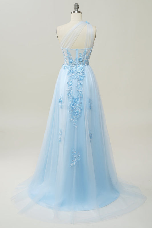 Robe de bal longue bleu ciel asymétrique A-Line avec appliqués
