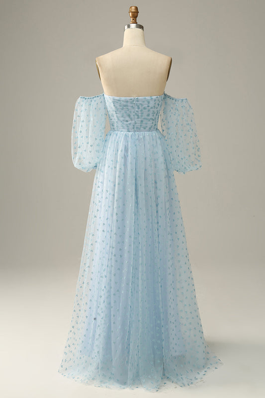 Robe de bal bleu ciel à épaules dénudées
