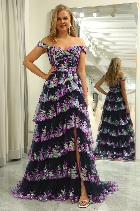Princess A-Line Off-the-Shoulder Black Pink Long Prom Dress with Appliques