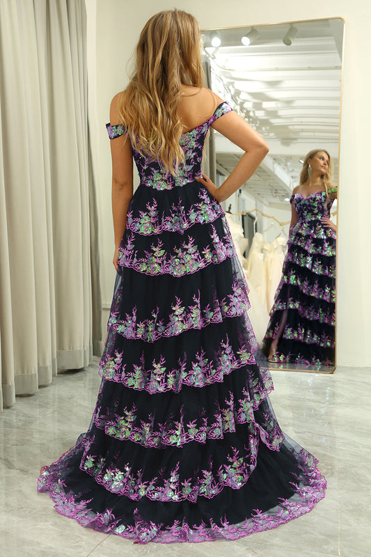 Princess A-Line Off-the-Shoulder Black Pink Long Prom Dress with Appliques