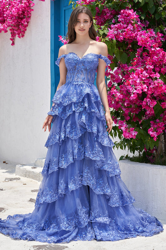 Dark Blue Off-the-Shoulder Corset Prom Dress with Slit