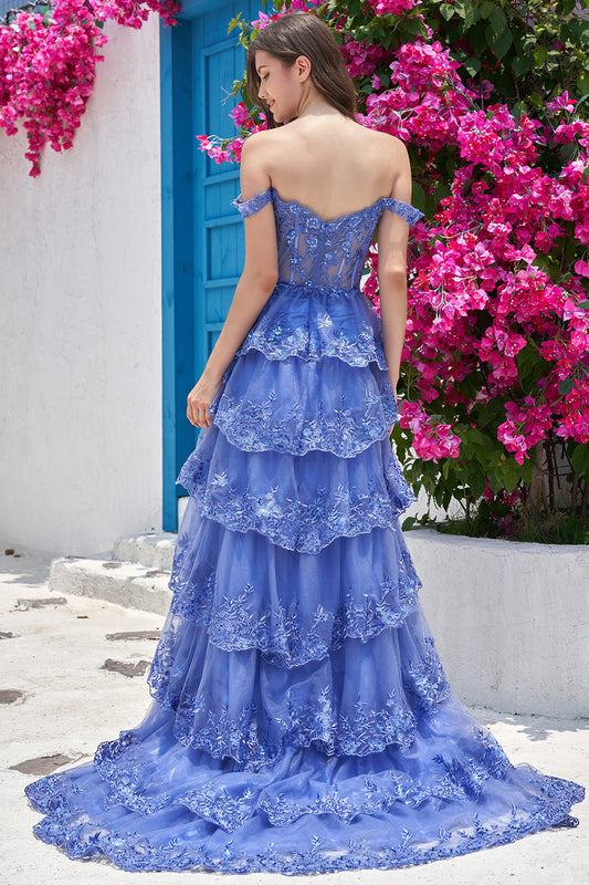 Dark Blue Off-the-Shoulder Corset Prom Dress with Slit