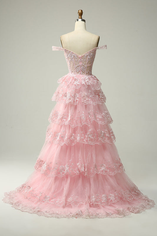 Robe de bal longue rose évasée avec appliques et épaules dénudées