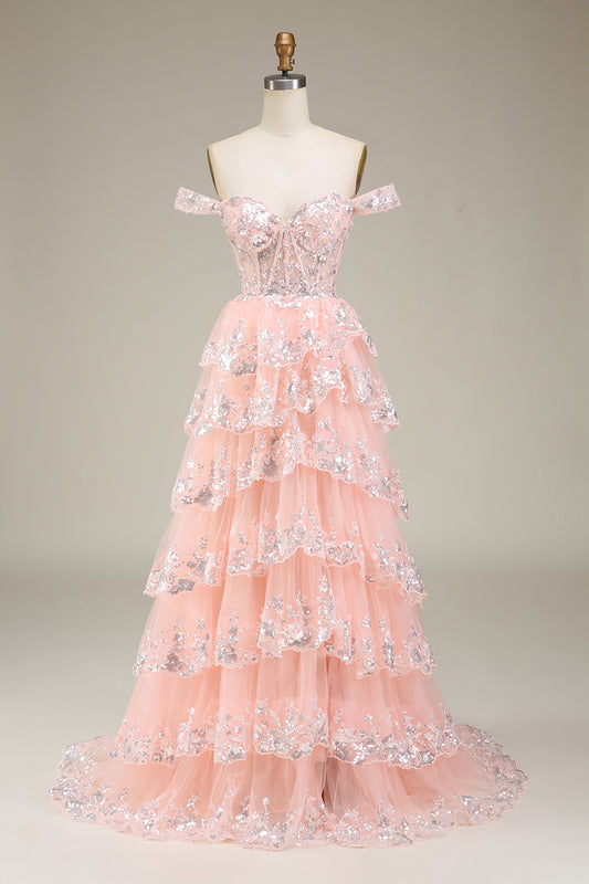 Blush Off the Shoulder Corset Sequin Tiered Prom Dress with Slit