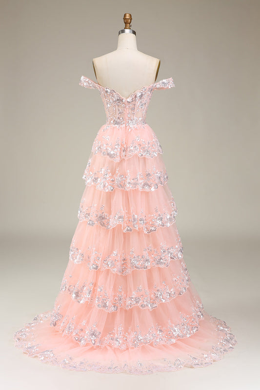 Blush Off the Shoulder Corset Sequin Tiered Prom Dress with Slit