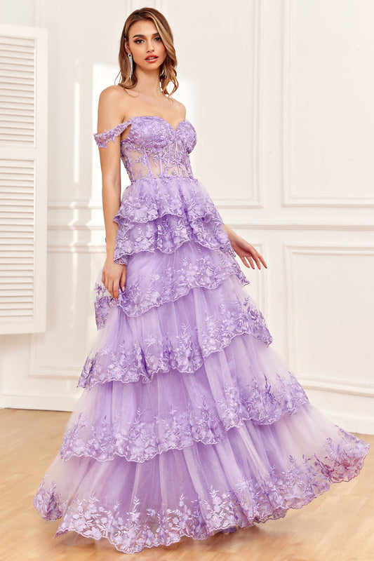 Off-the-Shoulder Purple Corset Prom Dress with Slit