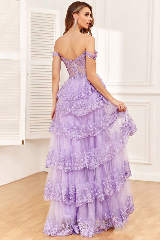 Off-the-Shoulder Purple Corset Prom Dress with Slit
