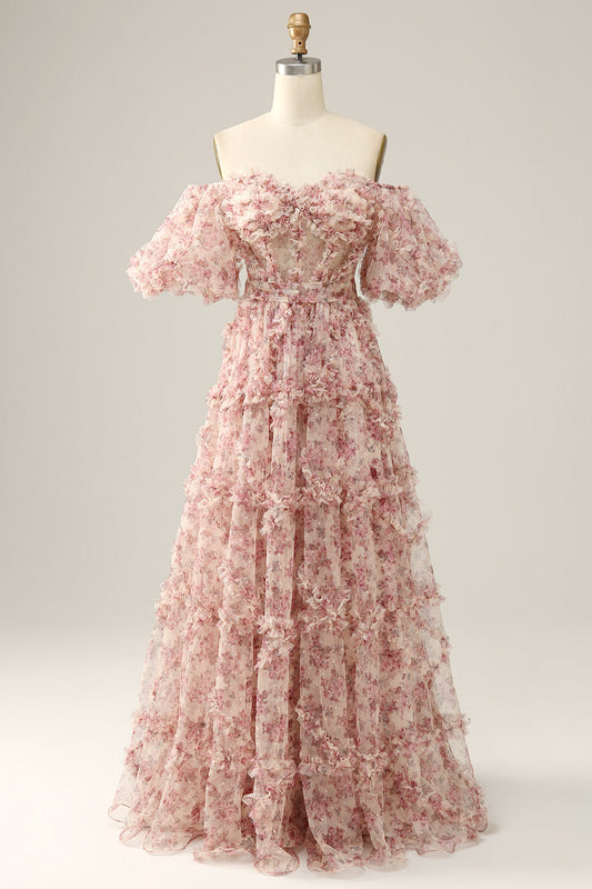 Robe de bal bustier en ivoire et rouge fleuri