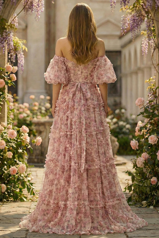 Ivory Red Floral A-Line Sheer Boned Corset Off The Shoulder Long Plus Size Prom Dress