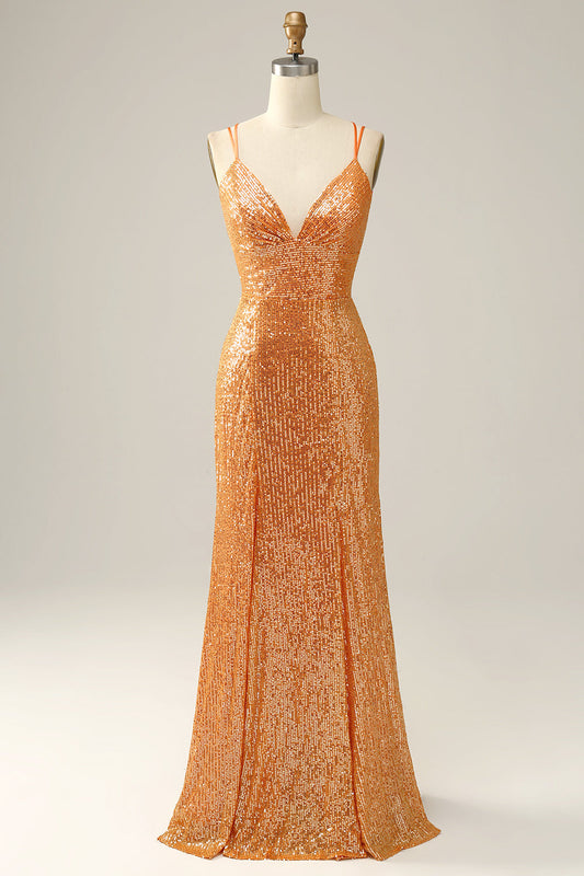 Robe de bal sirène dos nu orange à sequins