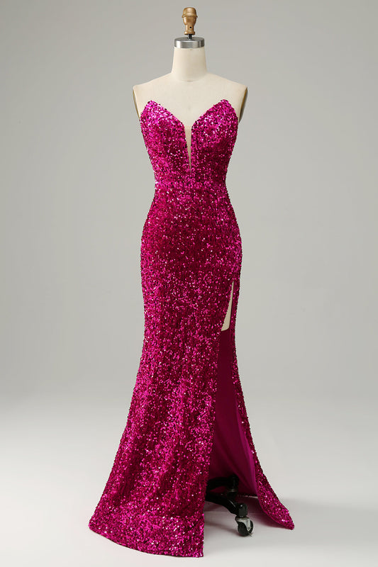 Robe de bal bustier fendue à paillettes rose vif