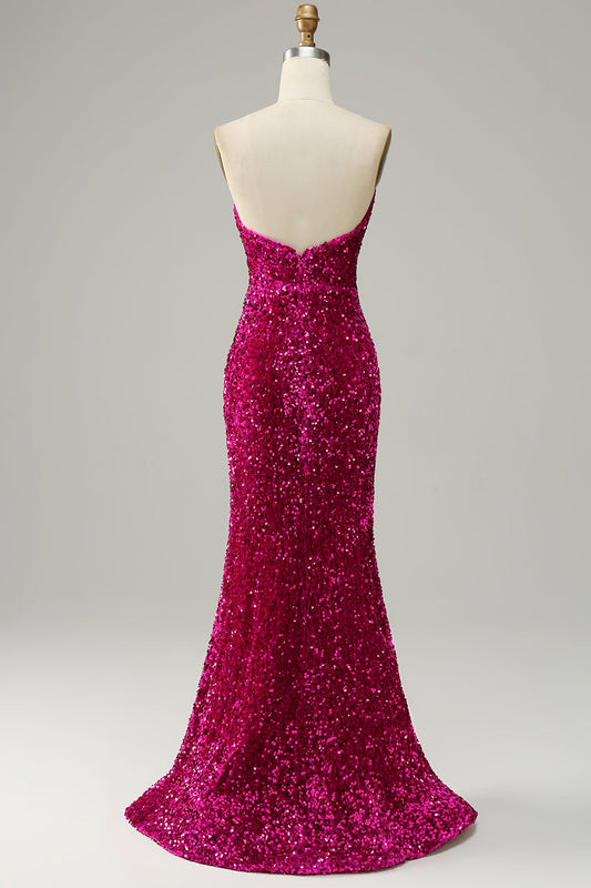 Robe de bal bustier fendue à paillettes rose vif