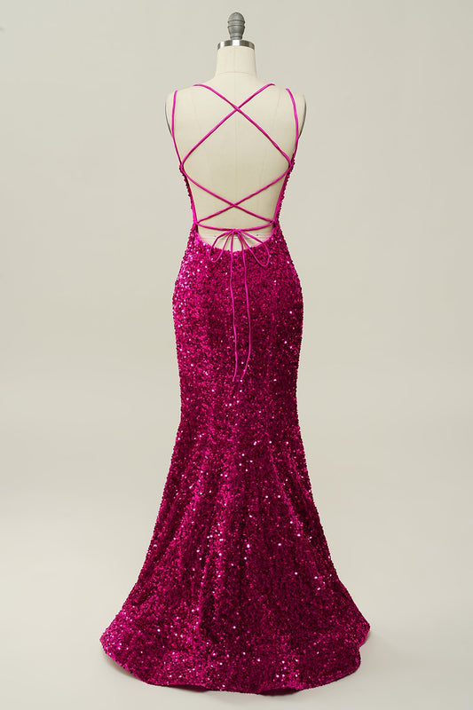 Robe de bal sirène à paillettes rose fuchsia avec fines bretelles et dos lacé