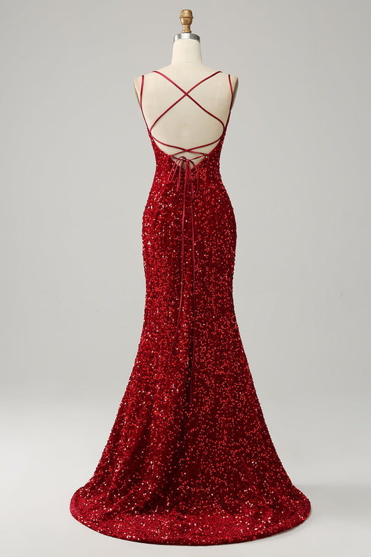 Robe de bal longue sirène dos nu à paillettes rouges