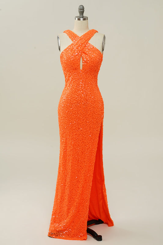 Robe de bal sirène dos nu à sequins orange et licou