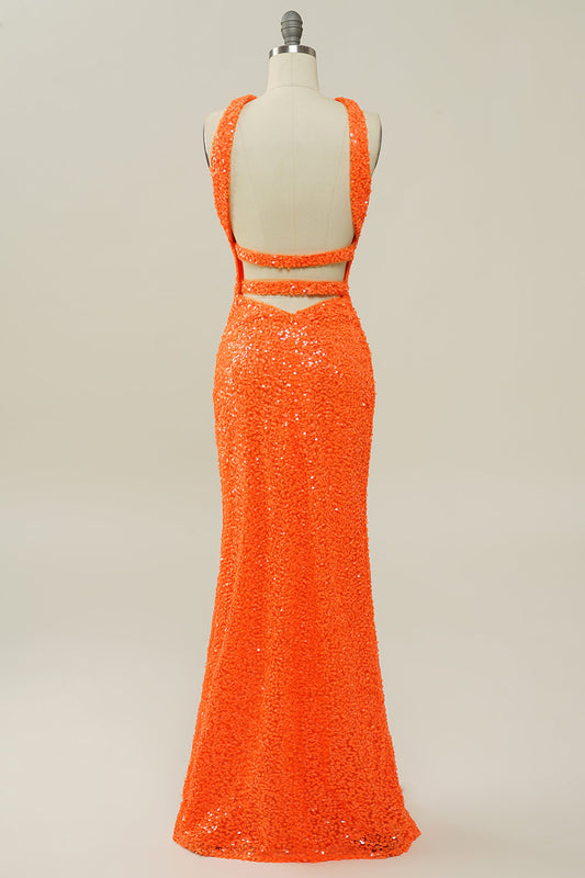 Robe de bal sirène dos nu à sequins orange et licou