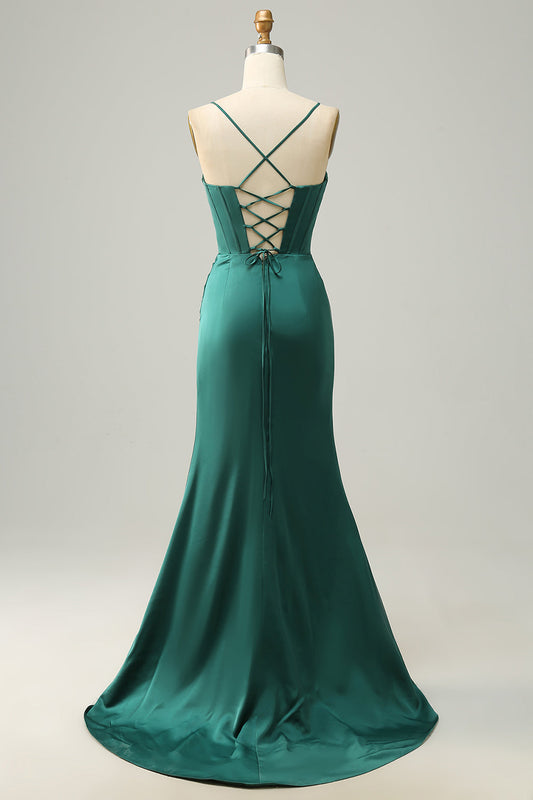 Robe de bal sirène vert foncé à fines bretelles