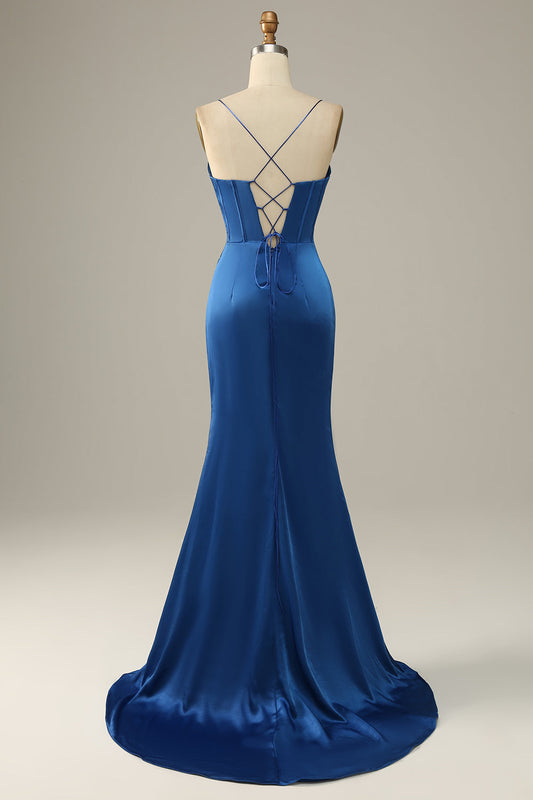 Robe de bal sirène bleu roi à fines bretelles