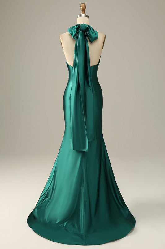 Robe de bal sirène vert foncé à lacets avec fente