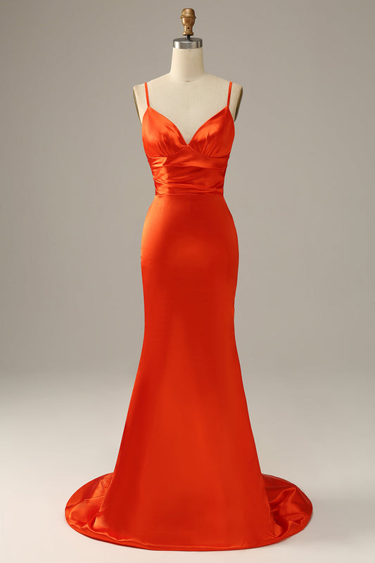 Robe de bal sirène orange à fines bretelles