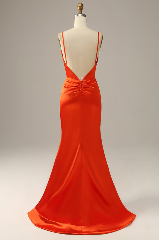 Robe de bal sirène orange à fines bretelles