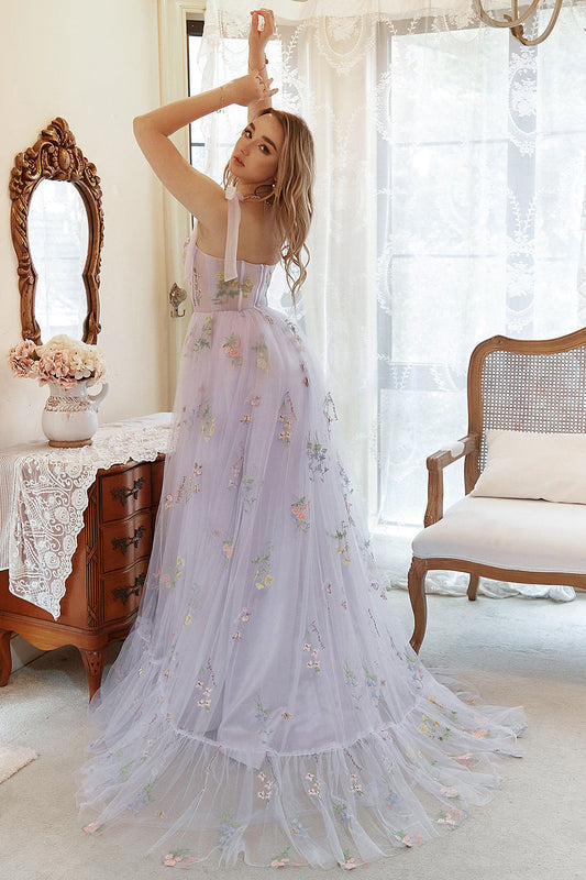 Robe de bal de promo lavande en tulle ligne A avec corset brodé, taille plus