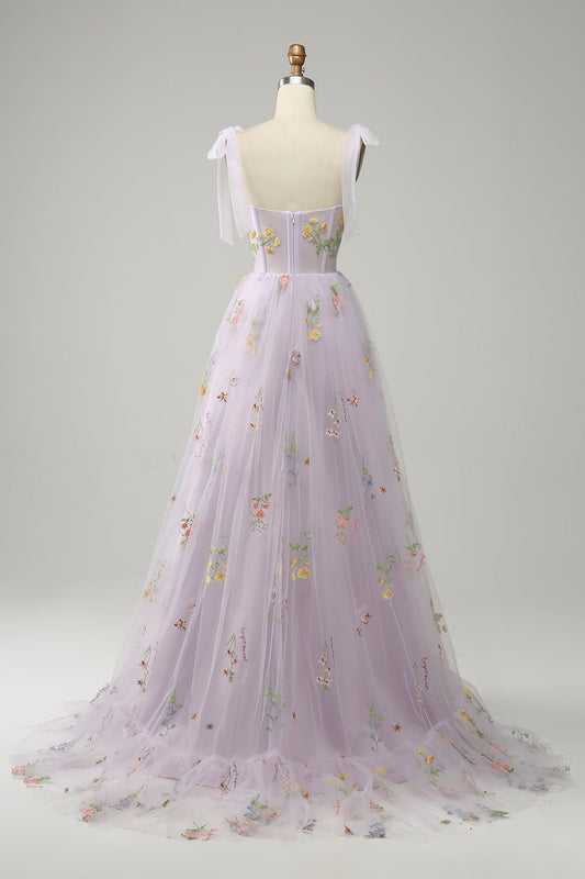 Robe longue de bal corset brodé lilas