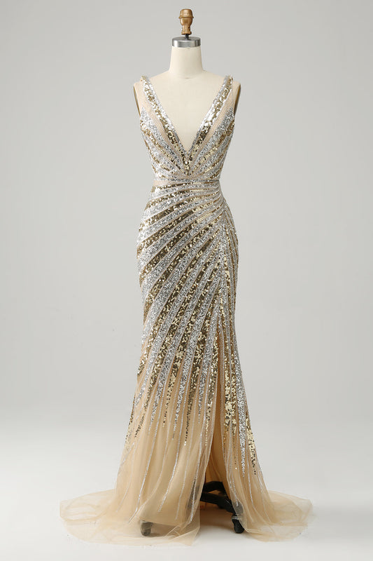 Robe de bal longue sirène dorée avec col en V profond et fente