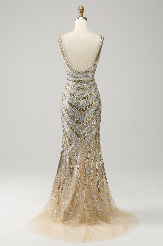Robe de bal longue sirène dorée avec col en V profond et fente