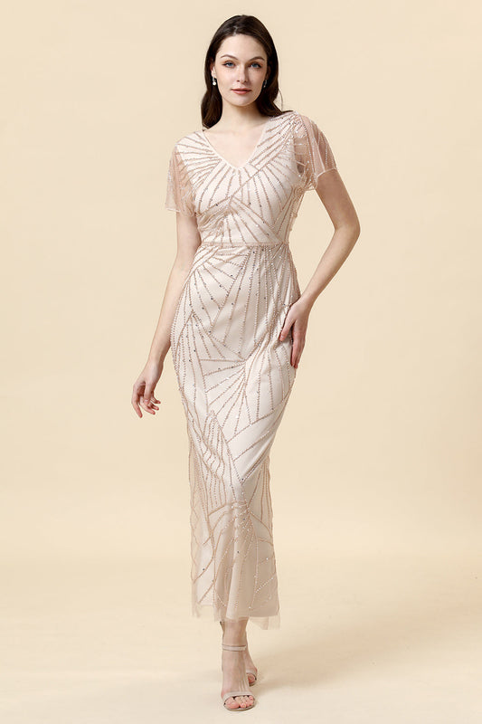 Fourreau Col en V Kaki Clair Robe de Mère de la Mariée avec Perles