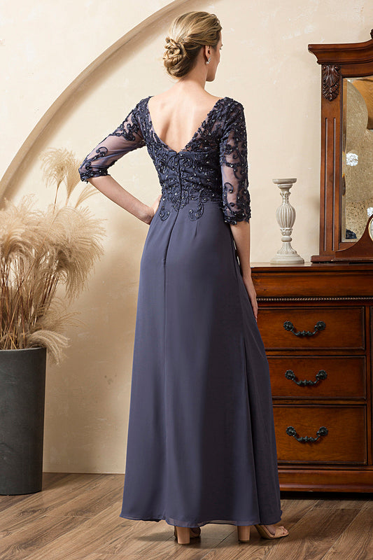 Robe de mère de la mariée en mousseline ornée de perles scintillantes bleu gris