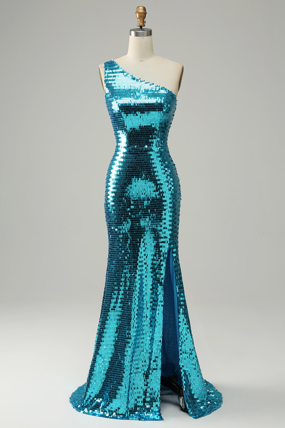 Robe de bal longue fendue à paillettes bleues brillantes et épaule dénudée