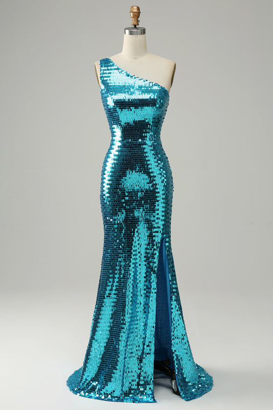 Robe de bal longue fendue à paillettes bleues brillantes et épaule dénudée