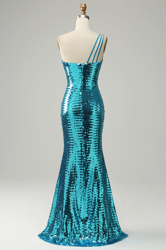 Robe de bal longue fendue à paillettes bleues brillantes et épaule dénudée