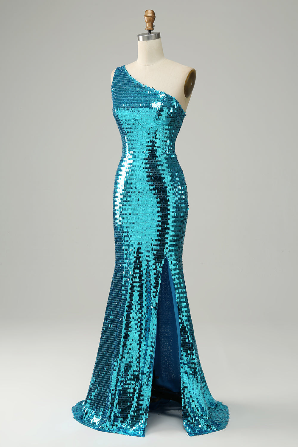 Robe de bal longue fendue à paillettes bleues brillantes et épaule dénudée