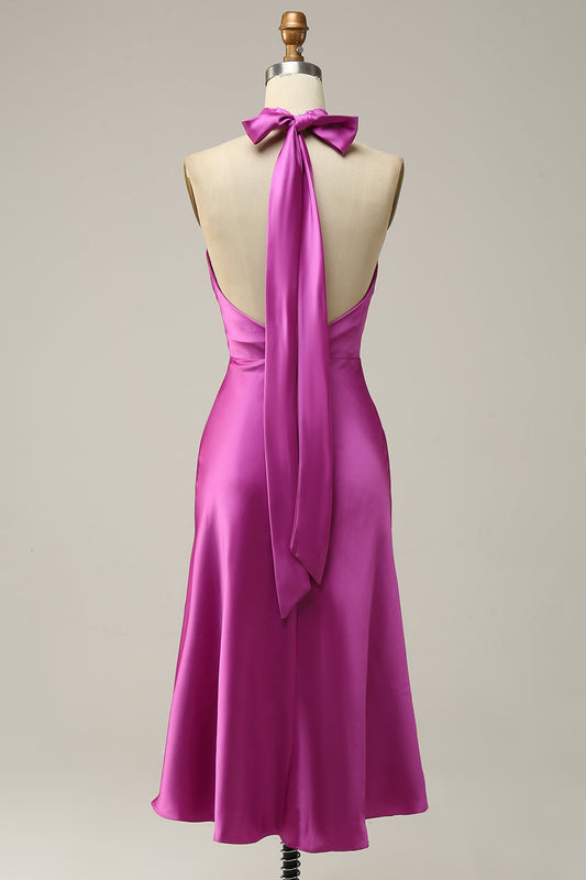Fuchsia Satin Halter Bridesmaid Dress