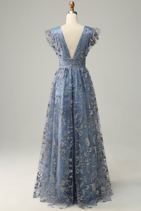 Robe de bal grande taille ligne A, décolleté plongeant, bleu gris, avec broderies