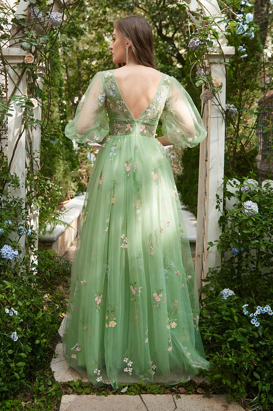 Robe de bal longue verte brodée ligne A, col en V et manches courtes