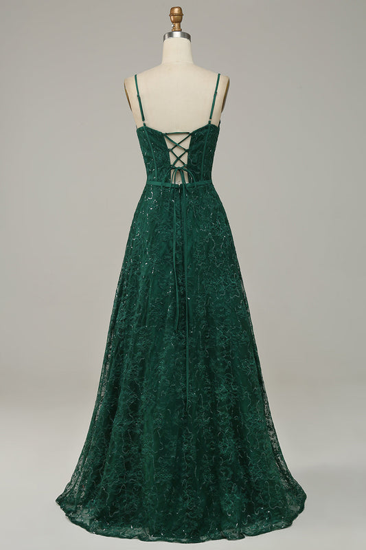 Robe de bal corset vert foncé en dentelle à fines bretelles